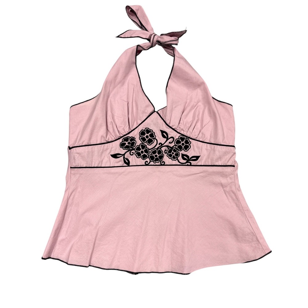 Vintage 2000s Halo Babydoll Halter Top Women M Pink Y2K Floral Embroidered Retro